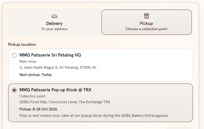 Online pickup selector showing Pickup, SEIBU TRX and the available collection date and time fields